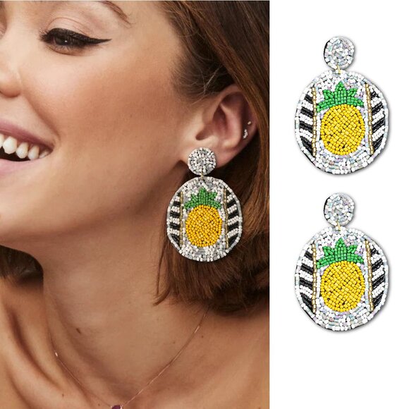 Boho Grow Studio Jewelry - Beaded Pineapple Circle Drop Seed Beaded Tropical Fruit Statement Earrings NEW